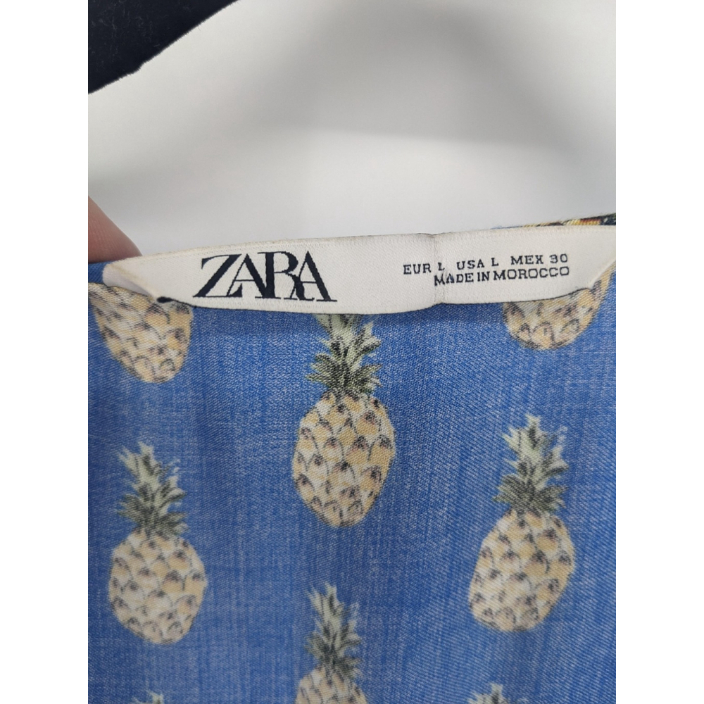 Zara Shirt Womens Large Blue‎ Pineapple Print Smocked Boho Flowy V Neck Top - Picture 5 of 9